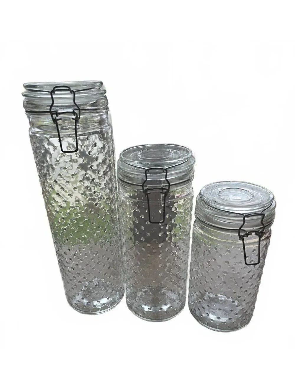 Set of 3 Clear Hobnail Glass Canisters Wire Bail Clamp Lids